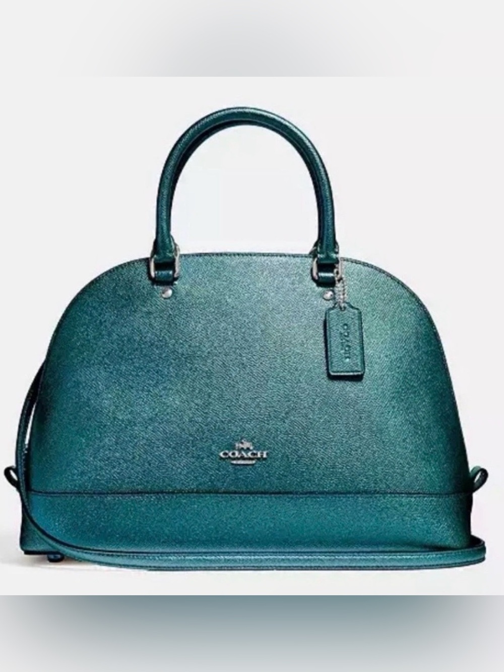 Coach Siera Metallic Teal Dome Satchel with crossbody strap- Teal Blue